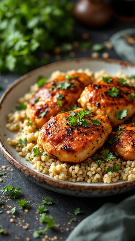 Moroccan spiced chicken thighs served on a plate with couscous and fresh herbs.