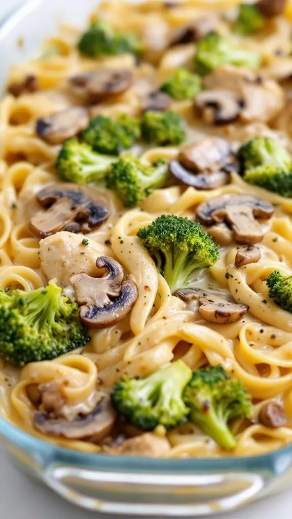 A creamy Mushroom and Broccoli Alfredo Bake with pasta, chicken, and cheese