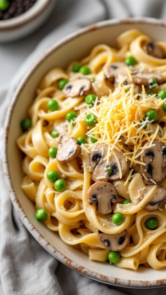 A bowl of creamy Mushroom and Chicken Alfredo pasta with peas