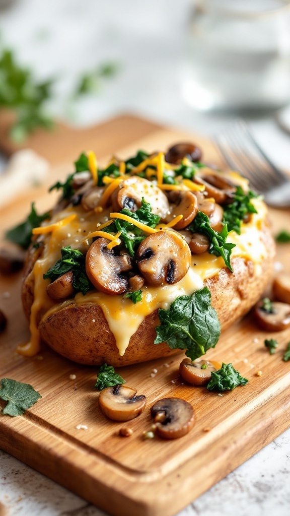 Mushroom and Spinach Baked Potato topped with cheese