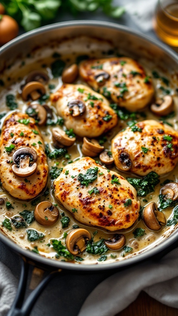 Cooked chicken breasts with mushrooms and spinach in a creamy sauce