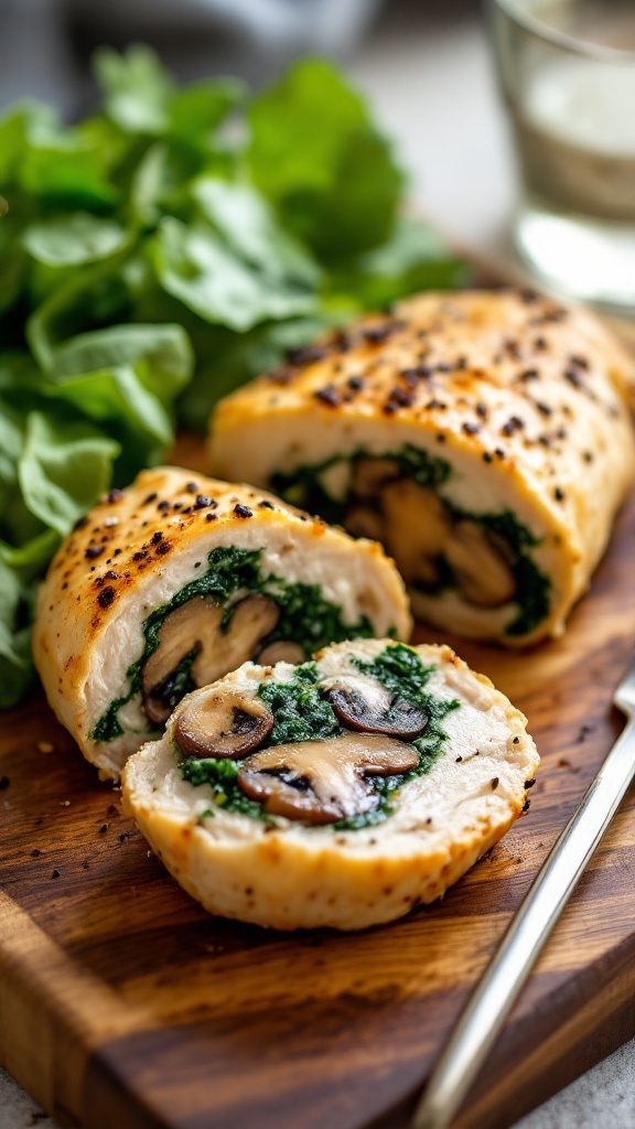 Mushroom and spinach stuffed chicken breast sliced to show filling