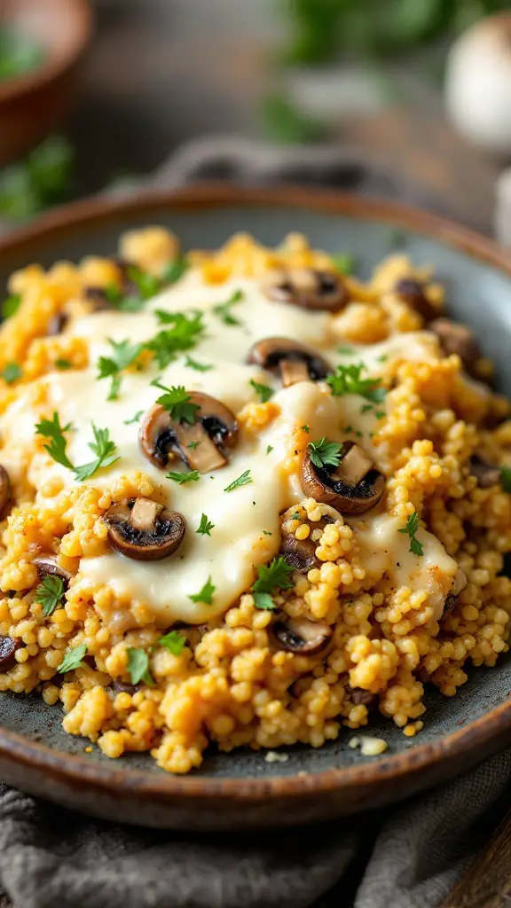 Mushroom and Swiss Chicken Quinoa Bake served on a plate