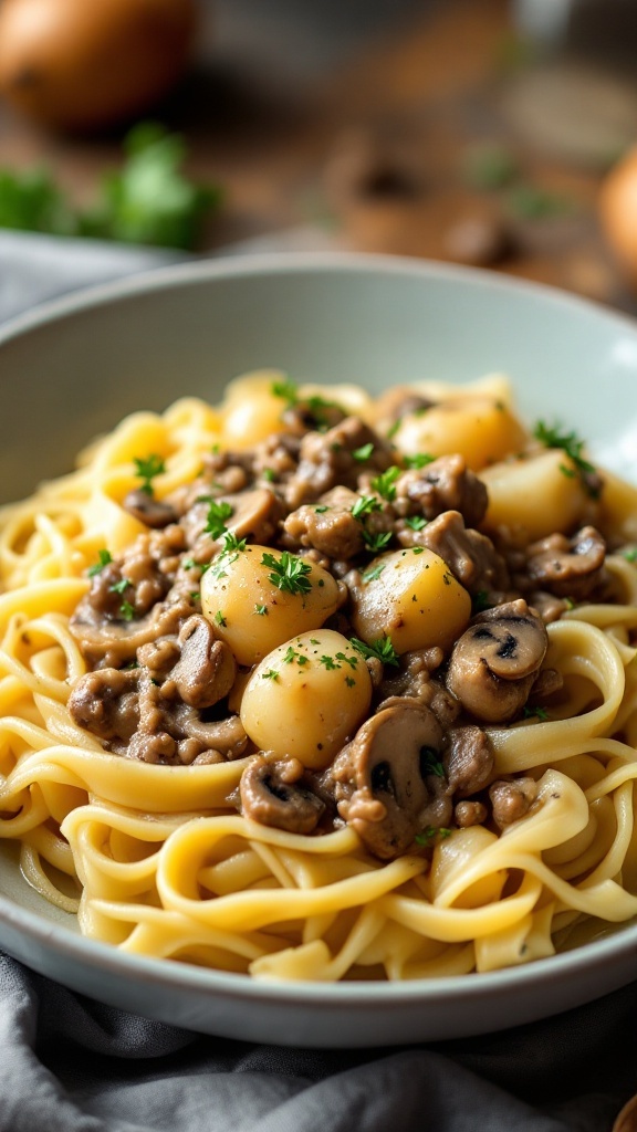 A bowl of Mushroom Beef and Potato Stroganoff served over pasta, garnished with fresh herbs.