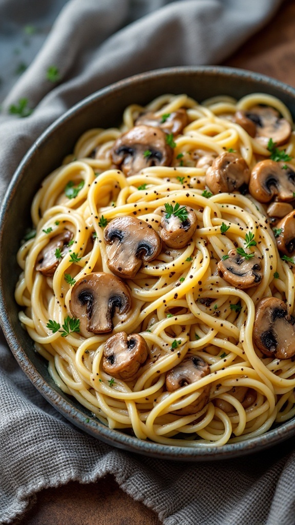 A bowl of creamy Mushroom Chicken Alfredo pasta with sliced mushrooms.