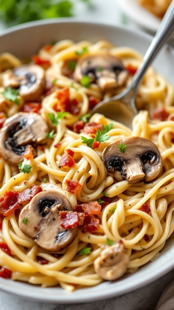 A delicious bowl of Mushroom Chicken and Bacon Alfredo pasta, garnished with fresh parsley.