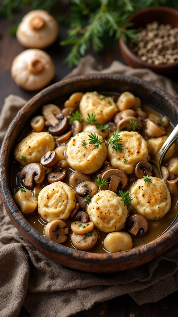 A rich bowl of mushroom chicken and dumplings, featuring fluffy dumplings and sliced mushrooms.