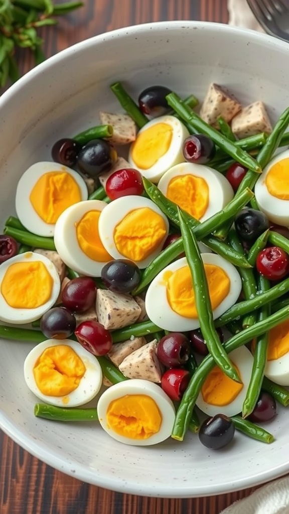 A delicious Nicoise salad featuring hard-boiled eggs, green beans, and olives in a bowl.