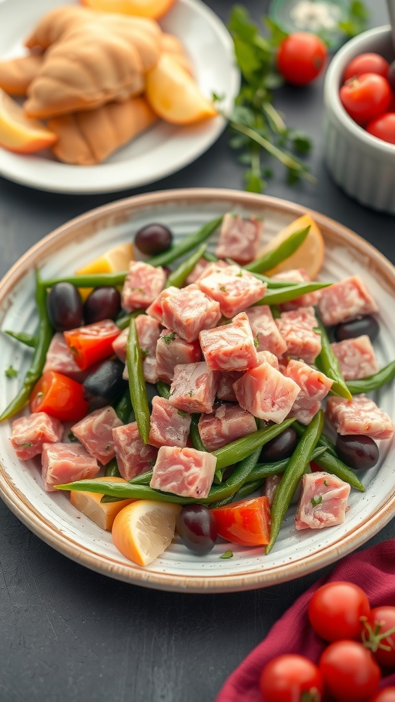 A colorful Nicoise salad with tuna, green beans, tomatoes, olives, and lemon.