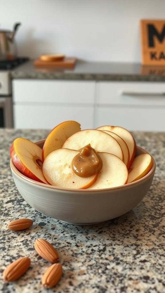 A bowl filled with sliced apples and a dollop of nut butter on top, with some almonds on the side.