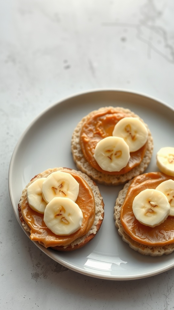 Rice cakes topped with nut butter and banana slices on a plate.