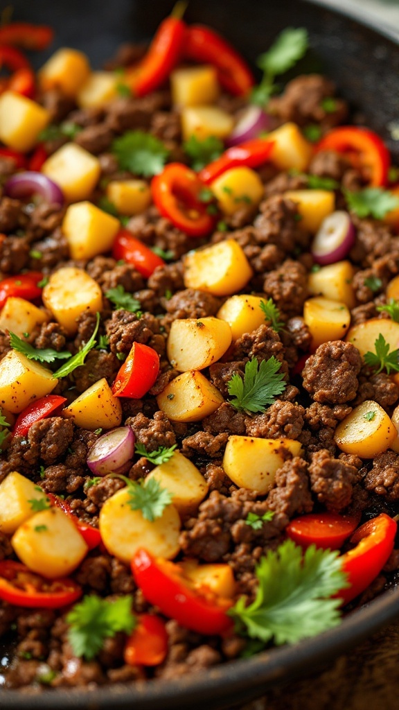 A vibrant one-pan beef and potato stir-fry with colorful vegetables.