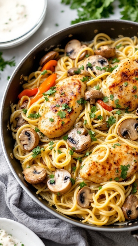 A creamy chicken alfredo pasta dish with mushrooms and bell peppers in a skillet.