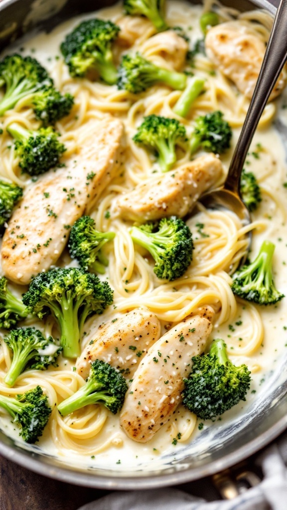 One-Pan Chicken and Broccoli Alfredo dish with pasta, chicken, and broccoli.