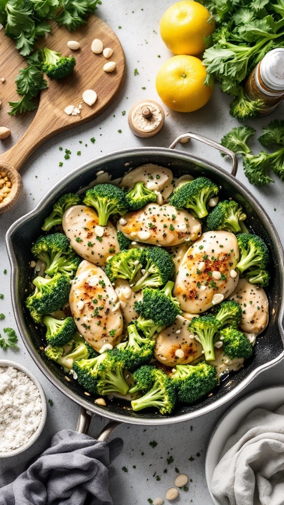 A delicious one-pan chicken and broccoli Alfredo dish ready to be served.