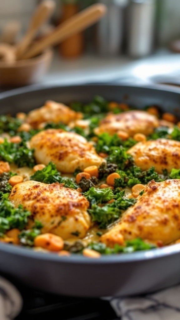 One-Pan Chicken and Kale Bake recipe with chicken breasts, kale, and carrots