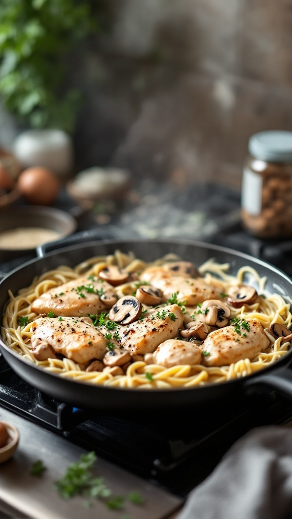 One-Pan Chicken and Mushroom Alfredo pasta dish