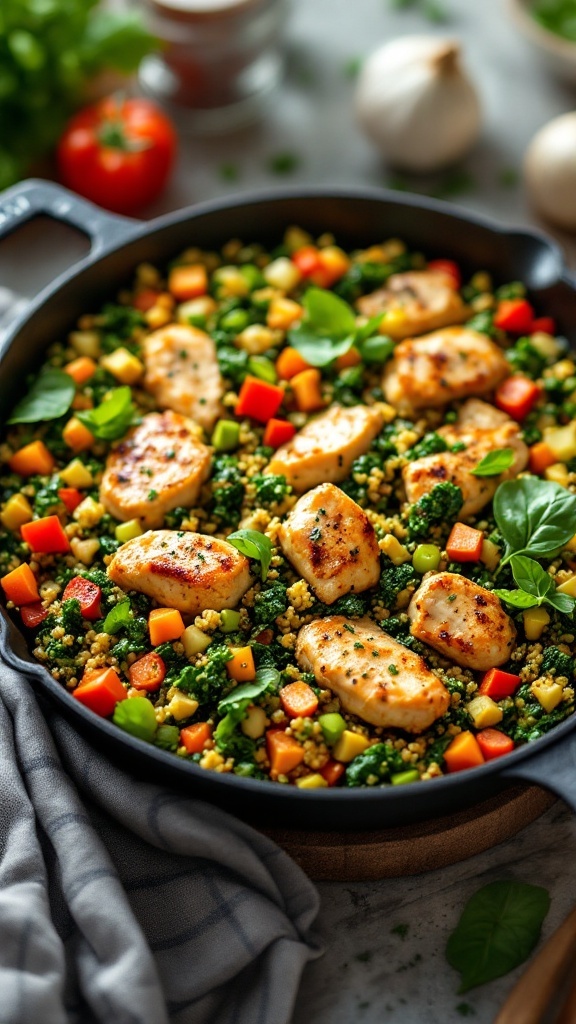 A delicious one-pan chicken and spinach quinoa dish with colorful vegetables.