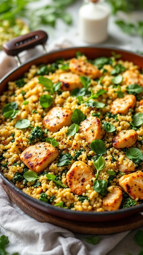 A delicious one-pan chicken and spinach quinoa dish