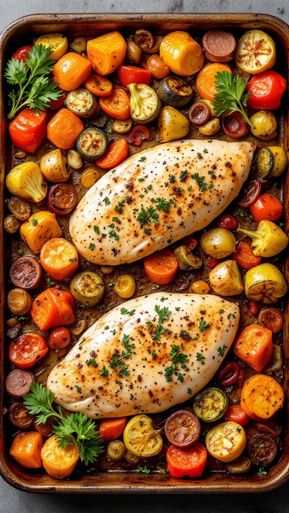 One-Pan Chicken and Veggies recipe featuring chicken breasts and colorful vegetables.