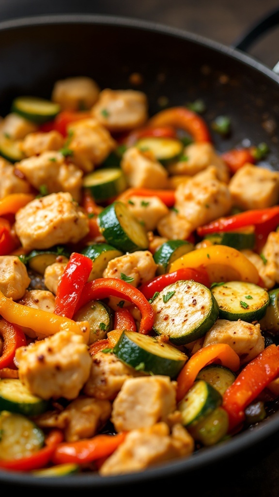 Colorful chicken and zucchini stir-fry in a skillet