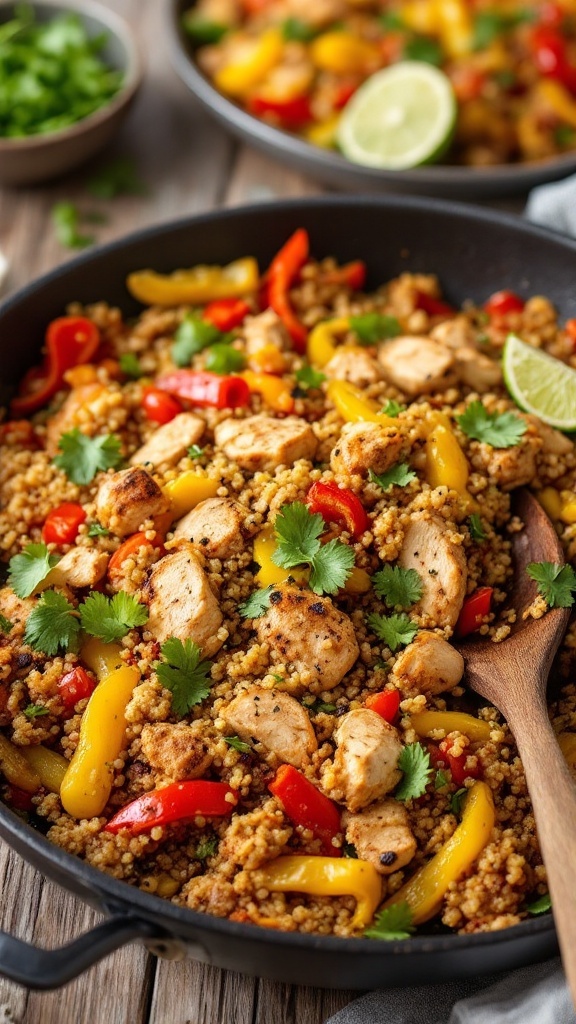 A colorful One-Pan Chicken Fajita Quinoa Bake loaded with chicken, quinoa, and bell peppers.