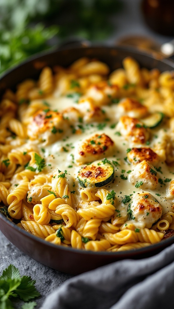 A delicious one-pan chicken zucchini pasta bake served in a skillet.