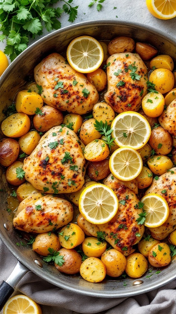 A skillet of lemon chicken with baby potatoes, garnished with parsley.