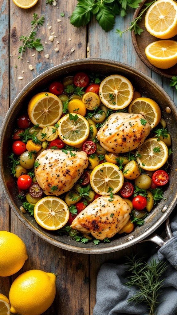 A delicious one-pan lemon garlic chicken dish with cherry tomatoes and fresh herbs.