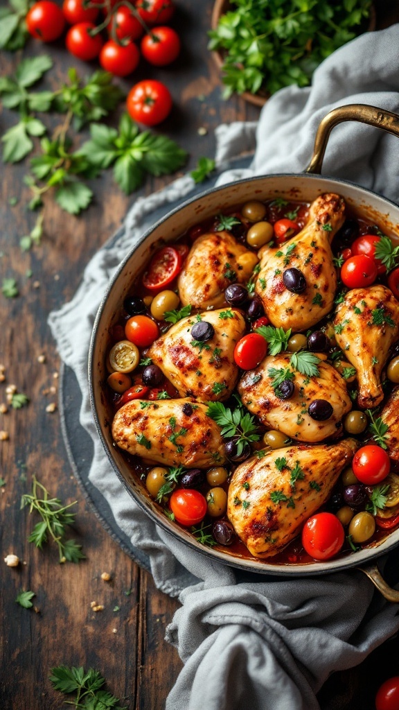 A delicious one-pan Mediterranean chicken dish with olives and tomatoes.