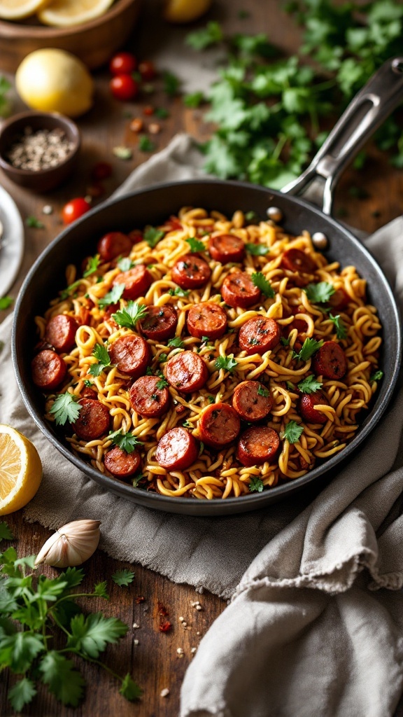 A vibrant dish of orzo with sausage, garnished with cilantro and lemon slices.