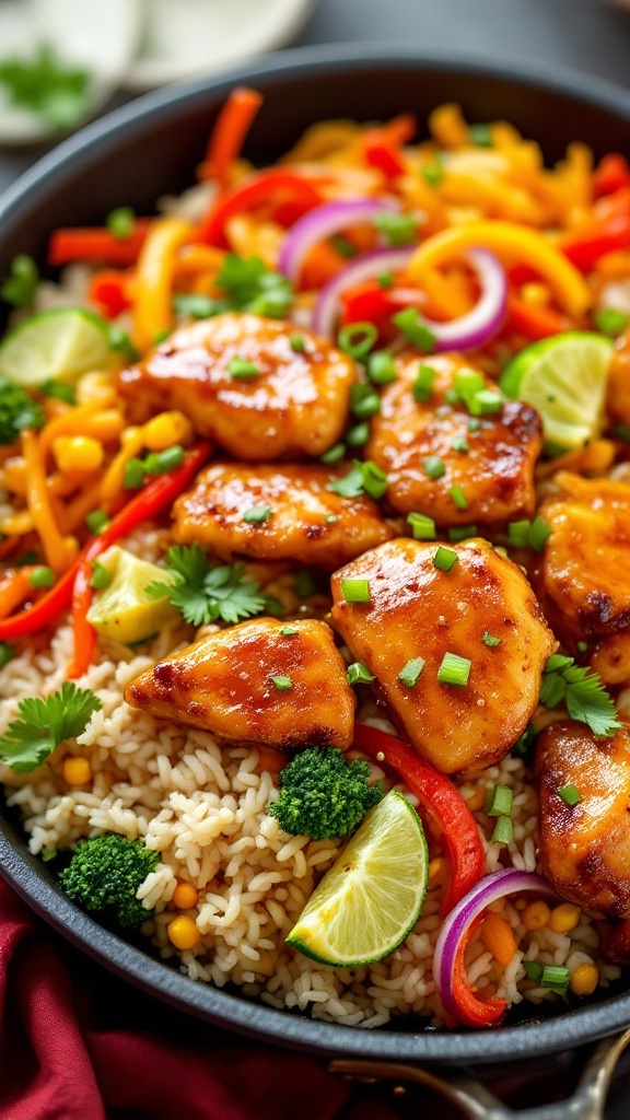 A colorful one-pan meal featuring teriyaki chicken, rice, and vegetables.