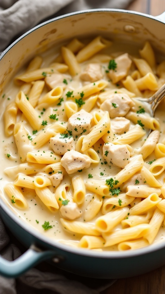 A creamy one-pot chicken alfredo pasta dish with penne, chicken, and parsley.