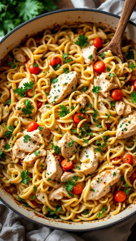 A delicious one-pot chicken and noodle casserole with chicken, tomatoes, and parsley