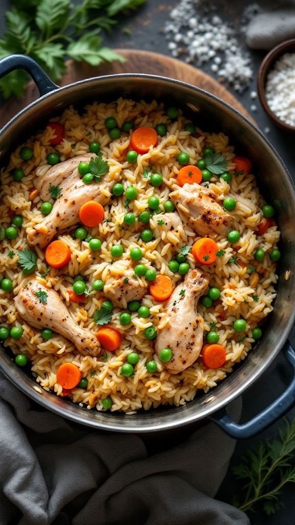 A pot filled with chicken, rice, peas, and carrots, showcasing a colorful and hearty one-pot meal.