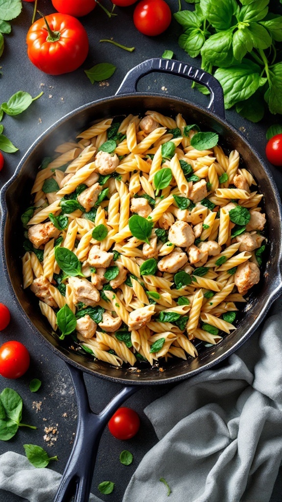 A delicious one-pot chicken and spinach pasta dish with rotini, diced chicken, fresh spinach, and cherry tomatoes, garnished with Parmesan cheese.