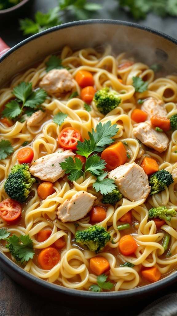 A bowl of colorful chicken and vegetable noodle soup with parsley on top.