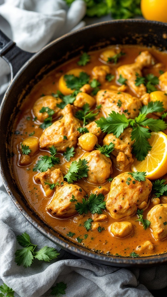 A pot of lemon chicken curry garnished with parsley and lemon slices.