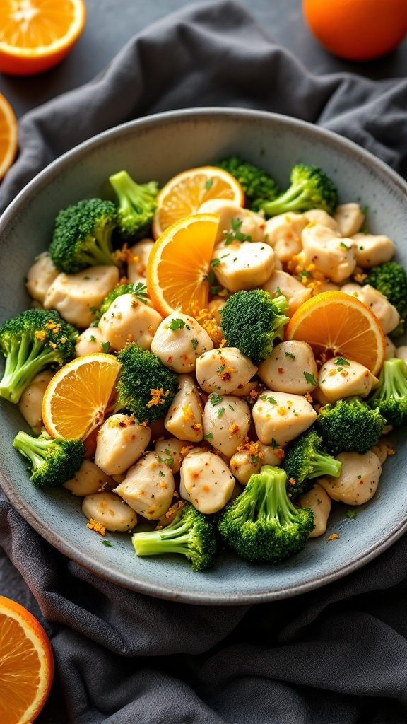 A vibrant dish featuring chicken and broccoli with slices of orange.