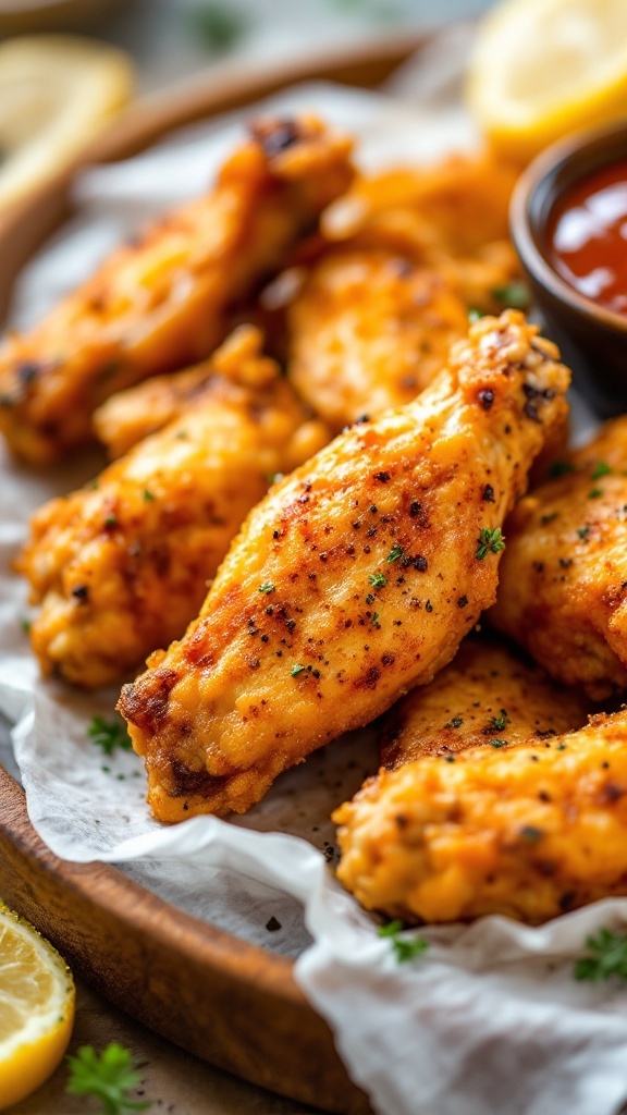 Oven-baked lemon pepper chicken wings served with sauce and lemon slices