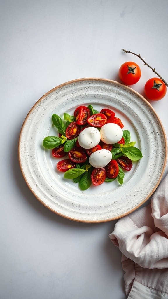 A plate with oven-dried tomatoes, mozzarella balls, and fresh basil leaves, garnished with cherry tomatoes.