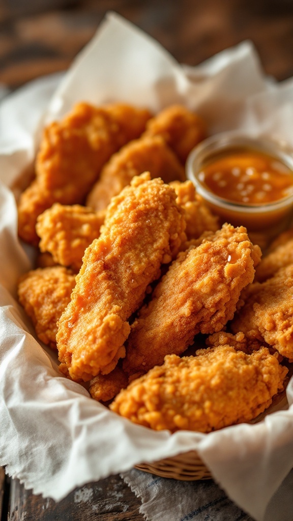 Oven-fried chicken tenders served with a dipping sauce.