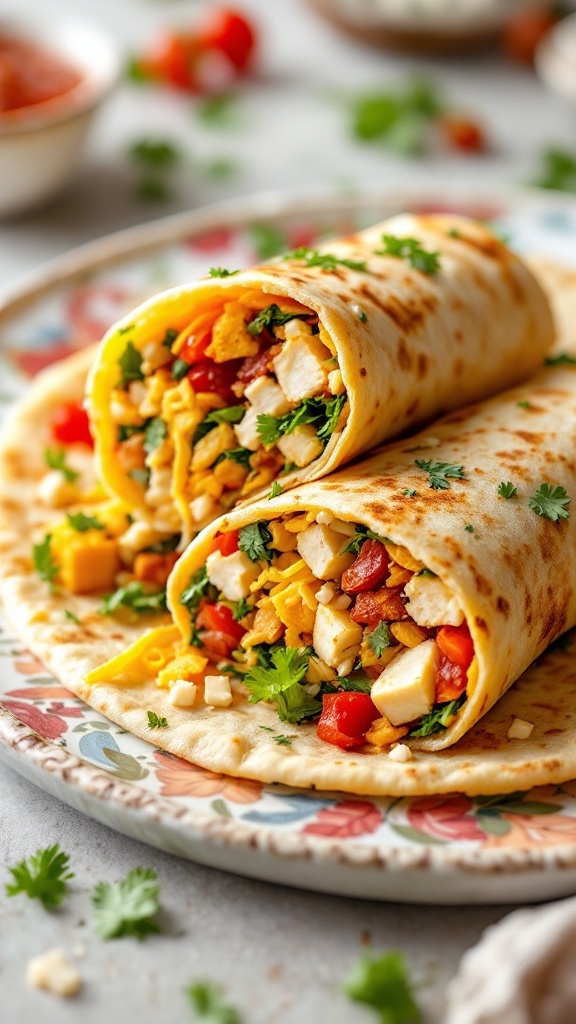 A delicious chicken and paneer kathi roll on a decorative plate.