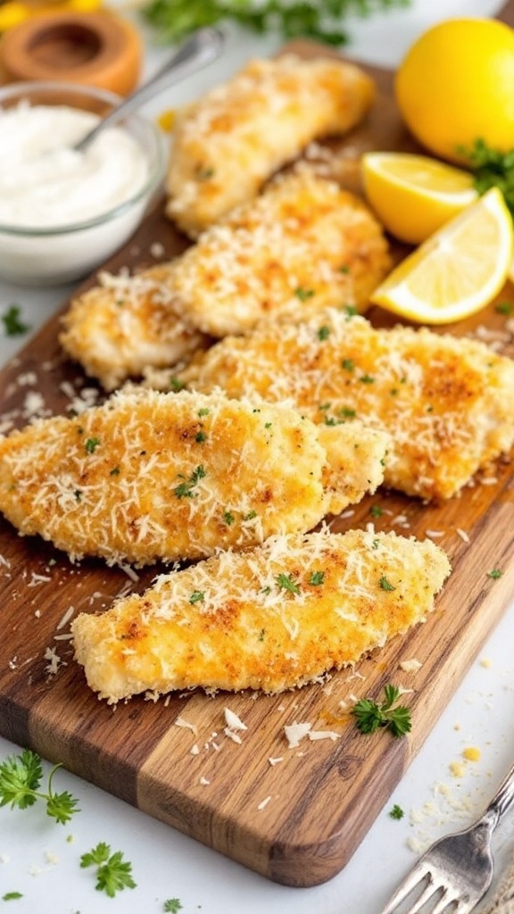 Crispy Parmesan Crusted Chicken Tenders on a wooden board with lemon wedges