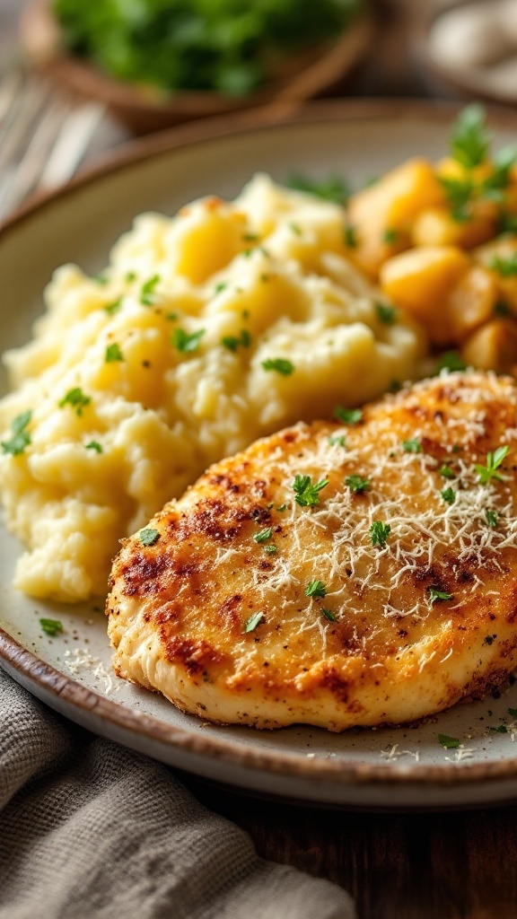 Parmesan Crusted Chicken served with garlic mashed potatoes and parsley garnish.