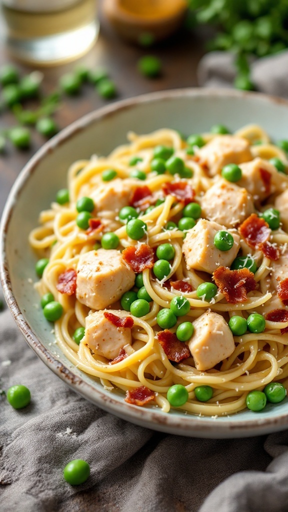 Delicious Pea and Bacon Alfredo with Chicken served in a bowl