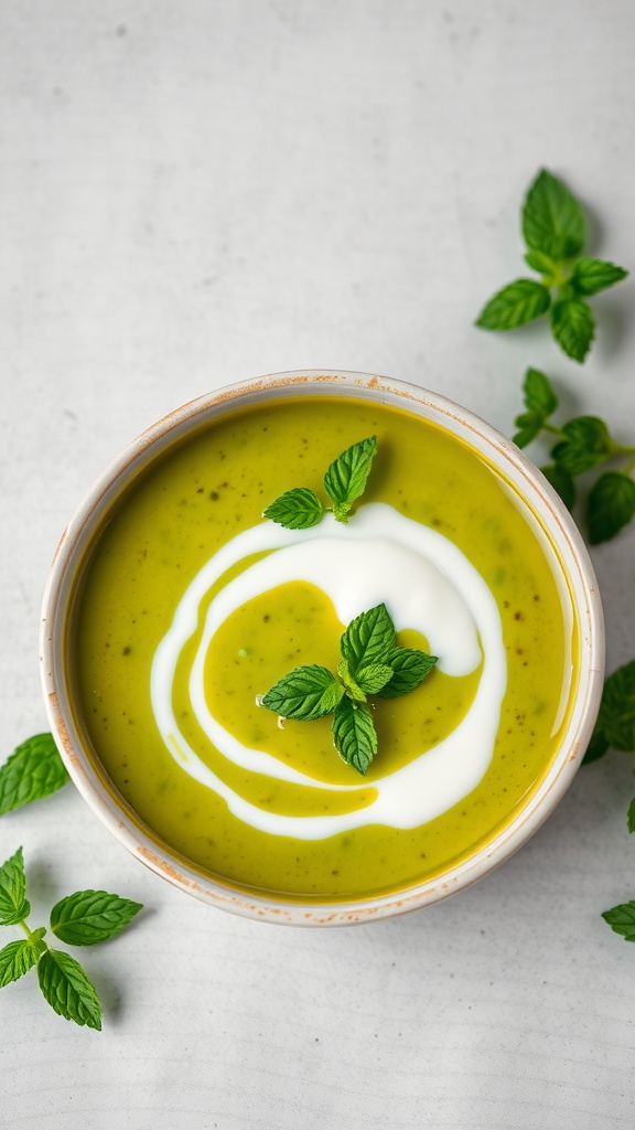 A bowl of pea and mint soup garnished with yogurt and mint leaves.