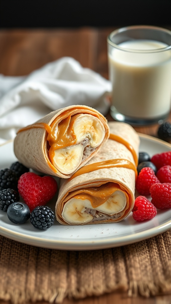 Peanut butter and banana wrap with fresh berries on the side