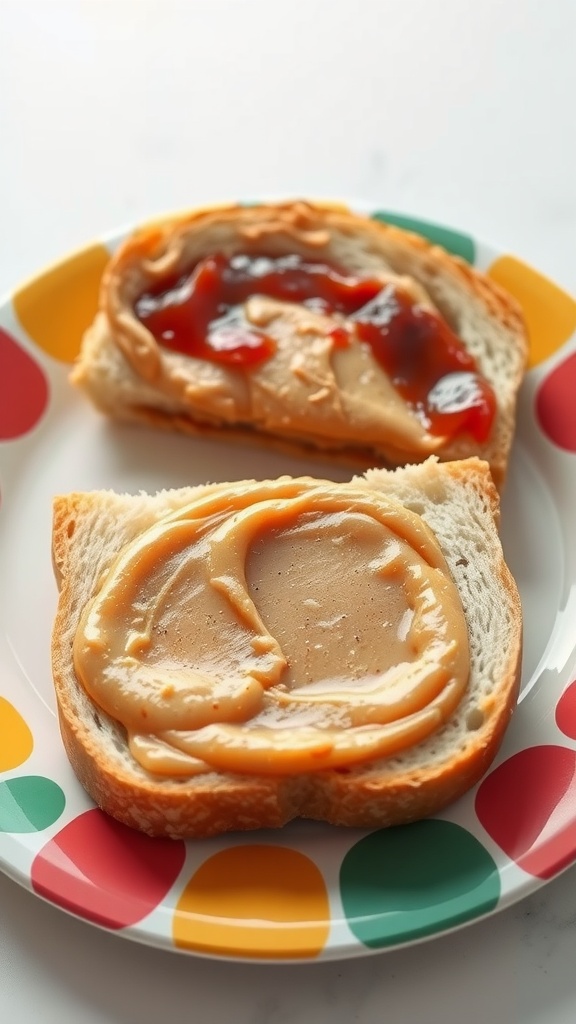 Peanut butter and jelly sandwich on a colorful plate