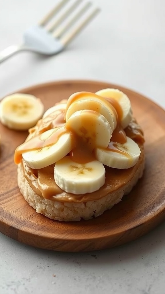 Rice cake topped with peanut butter and banana slices